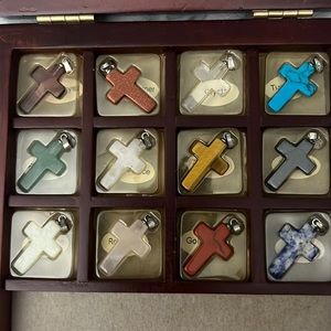Gem Stones 12 pcs Crosses in Wooden Box